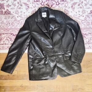 Zara Jacket Womens Medium Relaxed Faux Black Leather Blazer *Stains